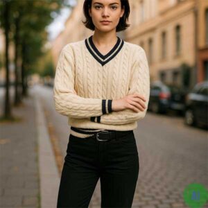 Cricket Sweater in Cream/Blue: AI Generated Female