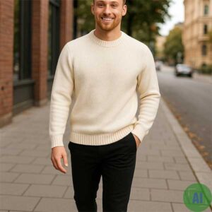 1Z Hand Framed Crew Neck Sweater in Winter White 0200: AI Generated Male