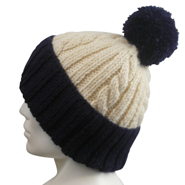 22K Two Tone Rib & Cable Hat with Pom Pom Side in Aran (Natural-Navy).jpg
